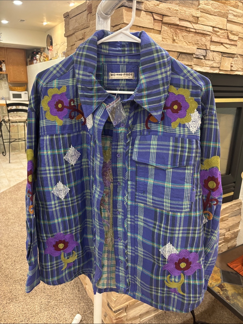We The Free Blue Plaid Button-Front Shirt with Floral Embroidery